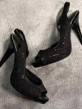 Vintage Sequin Black Slingback Heels